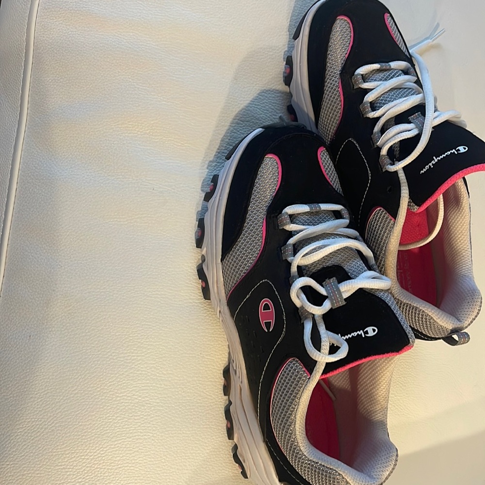 Women’s Champion leather sneakers black with pink and grey trim